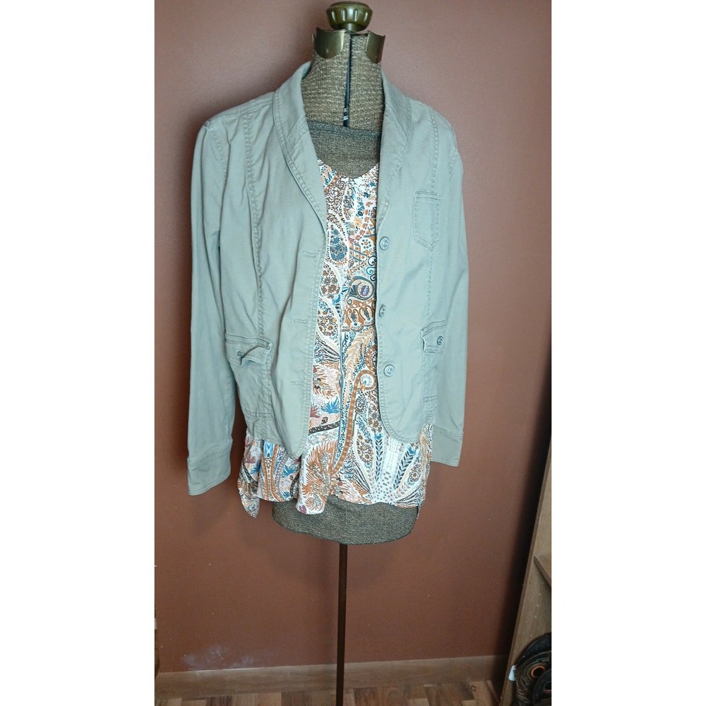 Gap Women Olive Green Canvas Utility Blazer Jacket Size 16 Three Button Cotton